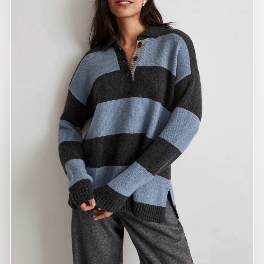 Madewell Women’s Wool Blend Blue and Black Rugby Striped Sweater, Large